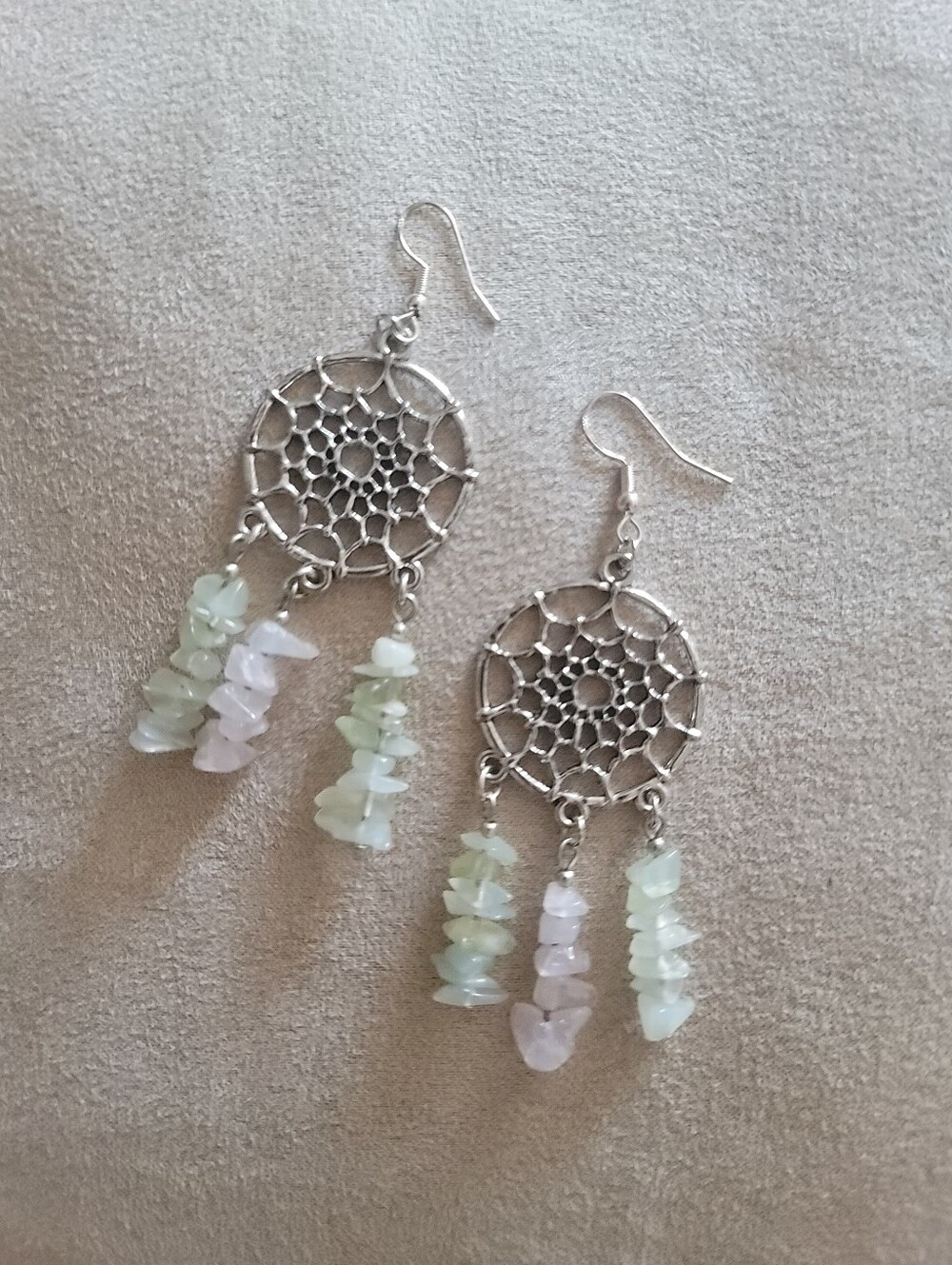 Silver Dreamcatcher Dangle Earrings with Pale Green and Light Pink Beads